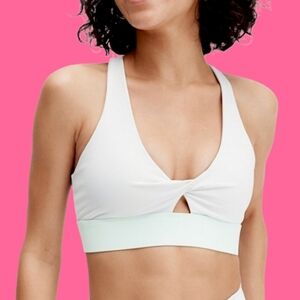 Fabletics Light Gray And Green Twist Front Sports Bra